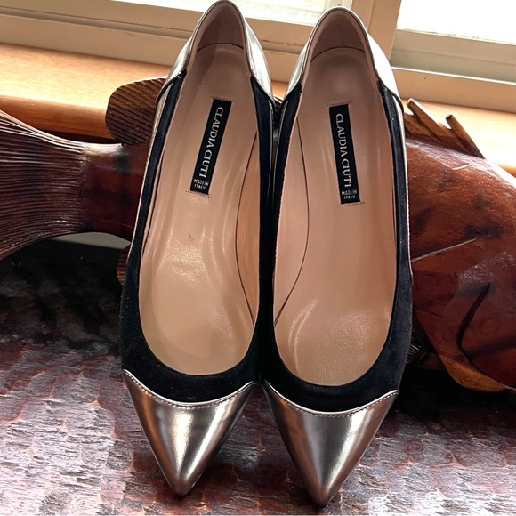NWT New in Box Claudia Ciuti Kika Black Suede and Gun Metal Leather Flats Party - Picture 3 of 11
